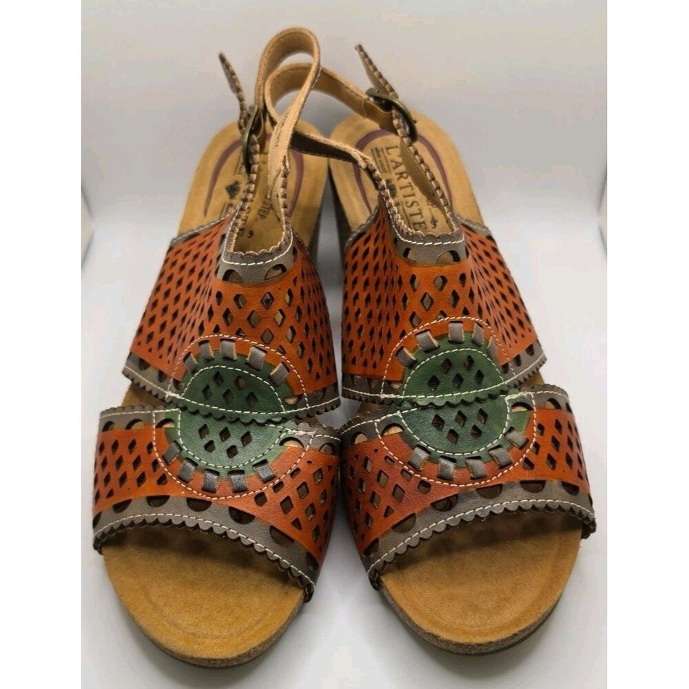 L'Artiste 42 Leonara Bloom Block Heel Sling Back Boho Hippie Coachella Sandals
